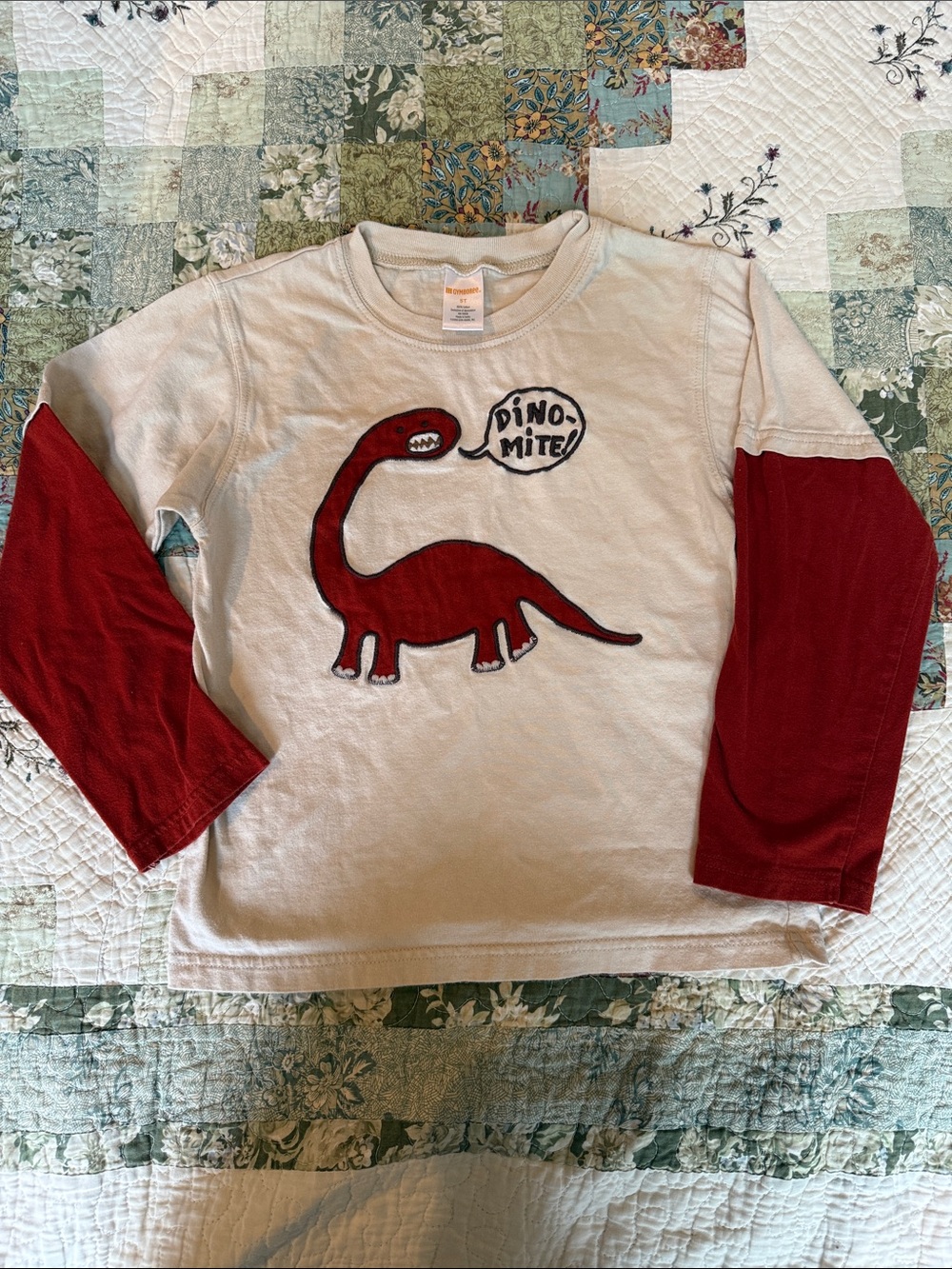 Y2K Kids' cream  & Red embroidered Dino Graphic Long-Sleeve Tee (rare)